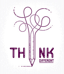 Think different word with pencil instead of letter I, ideas and brainstorm concept, vector conceptual creative logo or poster made with special font.
