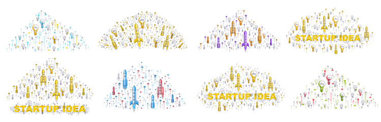 Startup idea business concepts vector illustrations set, image collection with rocket launch and light bulbs and a lot of different icons and symbols.