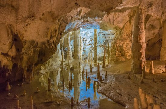 Grotte di Frasassi (Italy) - The Frasassi Caves, a huge karst cave system in the town of Genga, province of Ancona, Marche region, central Italy, famous tourist attraction.