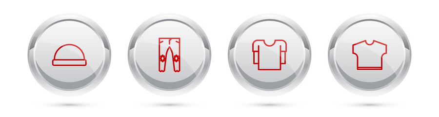 Set line Beanie hat, Pants, Long sleeve shirt and T-shirt. Silver circle button. Vector.