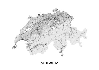 Switzerland map poster (landscape). Road map of Switzerland. It includes all roads of the country (from highways to country roads and railways). Light grayscale printable graphics.