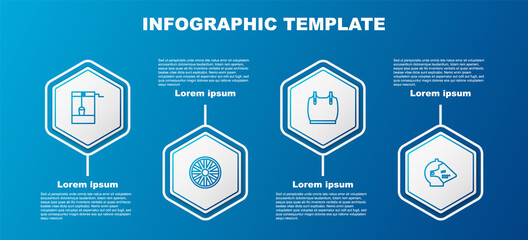 Set line Well with bucket, Old wooden wheel, Body armor and Medieval iron helmet. Business infographic template. Vector.