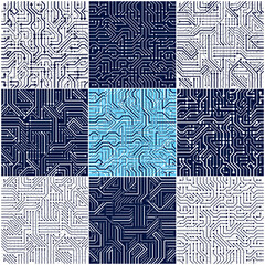 Circuit board seamless patterns set, vector backgrounds collection. Microchip technology electronics wallpaper repeat design. - obrazy, fototapety, plakaty