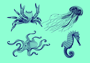 Set marine graphic animals. Vector illustration. The crab,  sea horse, jellyfish, octopus consist of lines.Digital elements design  for business cards, invitations, gift cards, flyers and brochures, w