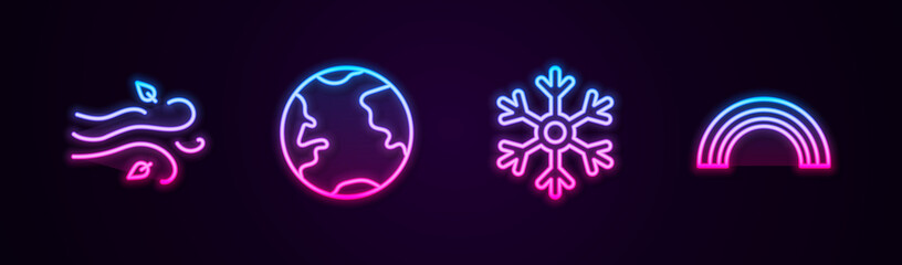 Set line Wind, Earth globe, Snowflake and Rainbow. Glowing neon icon. Vector.