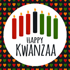 Kwanzaa - African American heritage holiday. Black history. Seven candles in round frame. Seamless pattern with hearts in African colors - red, green, yellow. Poster, greeting card, banner.
Vector.