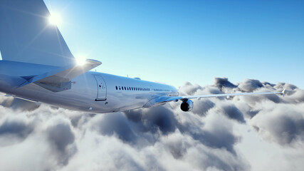 Passenger airbus flying in clouds. Plane. 3d rendering.