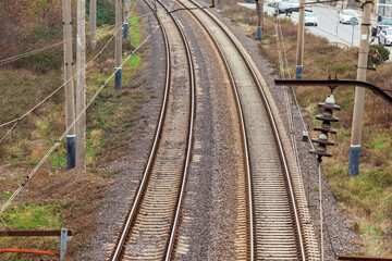 Fototapeta na wymiar Top view to railway tracks, railroad rails