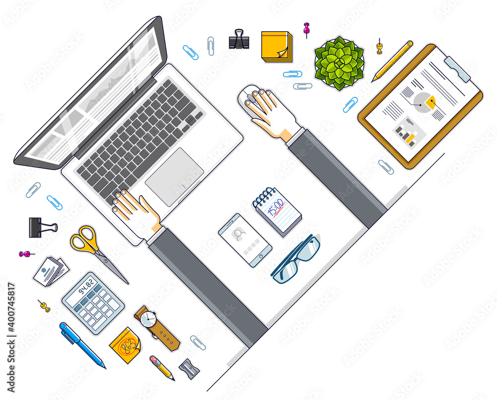 Poster work desk workspace top view with hands of office worker or entrepreneur, pc notebook and a lot of d