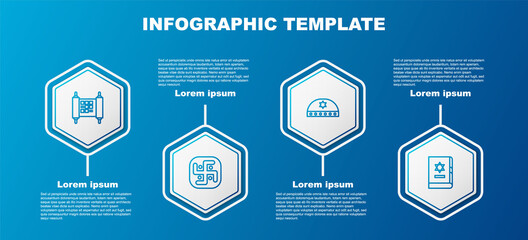 Set line Decree, paper, parchment, scroll, Jainism, Jewish kippah with star of david and torah book. Business infographic template. Vector.