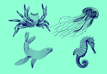Set marine graphic animals. Vector illustration. The crab,  sea horse, jellyfish, seal consist of lines.Digital elements design  for business cards, invitations, gift cards, flyers and brochures, web.