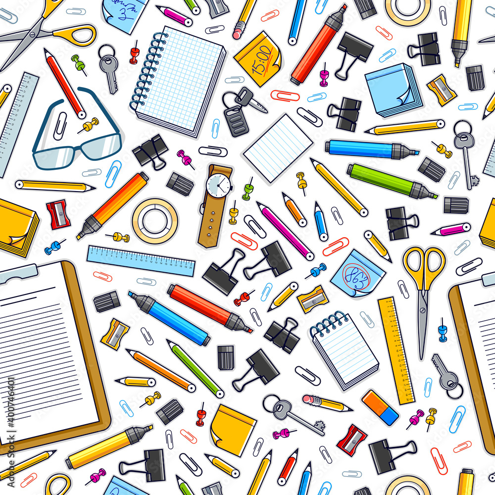 Poster work office desk top view with a lot of different stationery elements seamless vector wallpaper, bus