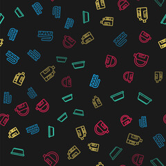 Set line Brush for cleaning, Plastic basin, Bottles agent and Dishwashing liquid bottle and plate on seamless pattern. Vector.