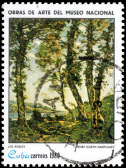 Postage stamp issued in the Cuba the image of Oaks, Henri-Joseph Harpignies. From the series on Paintings from the National Museum, circa 1980