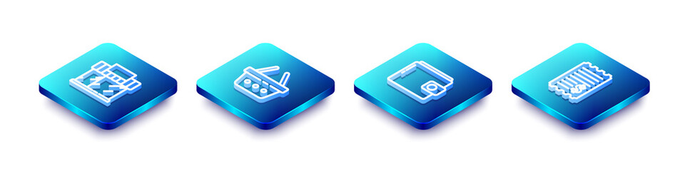 Set Isometric line Shopping building or market store, basket, Wallet and Paper check and financial check icon. Vector.