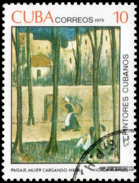 Postage stamp issued in the Cuba the image of the Herbalist. From the series on Paintings from Cuban Artists - Victor Emmanuel Garcia, circa 1979