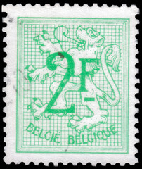 Postage stamp issued in Belgium with the image of the Number on Heraldic Lion, circa 1968
