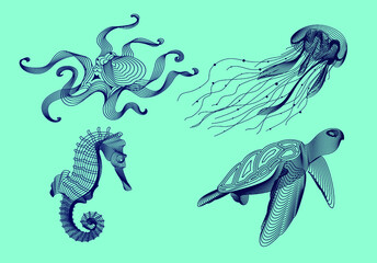 Set marine graphic animals. Vector illustration. The sea horse, octopus, jellyfish, turtle consist of lines.Digital elements design  for business cards, invitations, gift cards, flyers and brochures,  © Molgaart