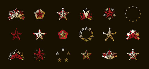 Stars vintage heraldic emblems vector big set, antique heraldry symbolic badges and awards collection with pentagonal stars, classic style design elements, family emblems.