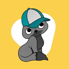 Illustration of Gray Cat Wearing a Blue Hat Cartoon, Cute Funny Character, Flat Design