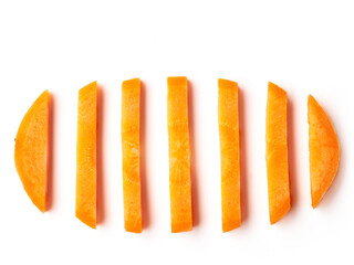 Carrot slices isolated on white, from above