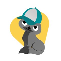 Illustration of Gray Cat Wearing a Blue Hat Cartoon, Cute Funny Character, Flat Design