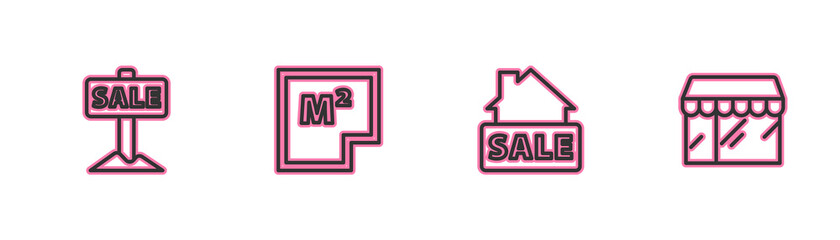 Set line Hanging sign with Sale, , House plan and Market store icon. Vector.