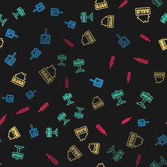 Set line Parking, Hanging sign with text Sold, Sale and Skyscraper on seamless pattern. Vector.