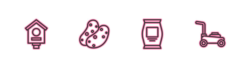 Set line Bird house, Fertilizer bag, Potato and Lawn mower icon. Vector.