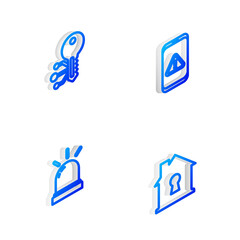 Set Isometric line Mobile with exclamation mark, Cryptocurrency key, Motion sensor and House under protection icon. Vector.