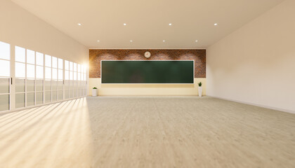 Classroom background. Empty room interior in school, university, college. And board, blackboard or chalkboard, wood or wooden floor in perspective. For teacher, student to teach and learn. 3d render.