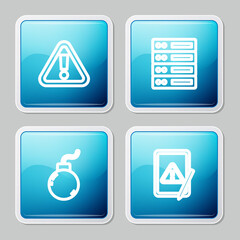 Set line Exclamation mark in triangle, Server, Data, Web Hosting, Bomb ready to explode and Tablet with exclamation icon. Vector.