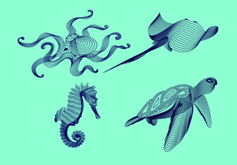 Set marine graphic animals. Vector illustration. The sea horse, octopus, turtle, cramp consist of lines.Digital elements design  for business cards, invitations, gift cards, flyers and brochures, web.