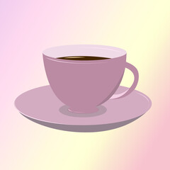 Lilac cup and saucer. Tea, coffee in a beautiful mug. Vector illustration.