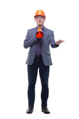 Engineer man, construction worker holding a megaphone. Concept expressing success and positive