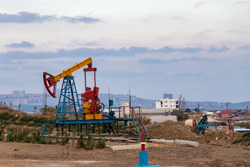 Oil pump. Oil rig energy. industrial machine for petroleum. Baku, Bayil district