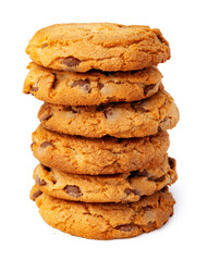 Stacked chocolate chip cookies isolated on white background