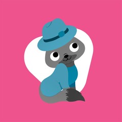 Illustration of Gray Cat Wearing a Blue Hat Cartoon, Cute Funny Character, Flat Design