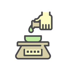 Pharmaceutical production industry or lab test vector icon. Process of weighing substrate consist of balance scale or measurement weigh equipment, liquid or chemical drop, test tube, scientist hand.