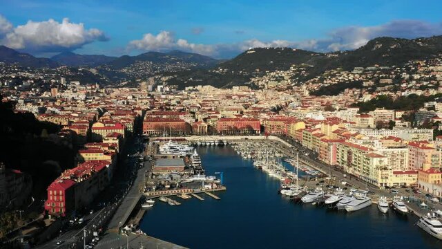 Beautiful oceanside city of Nice, France on the coast of the French Riviera. Captured from the sky with a drone at sunset. I shot this on a trip in January 2020. Was stunned with the gorgeous views.