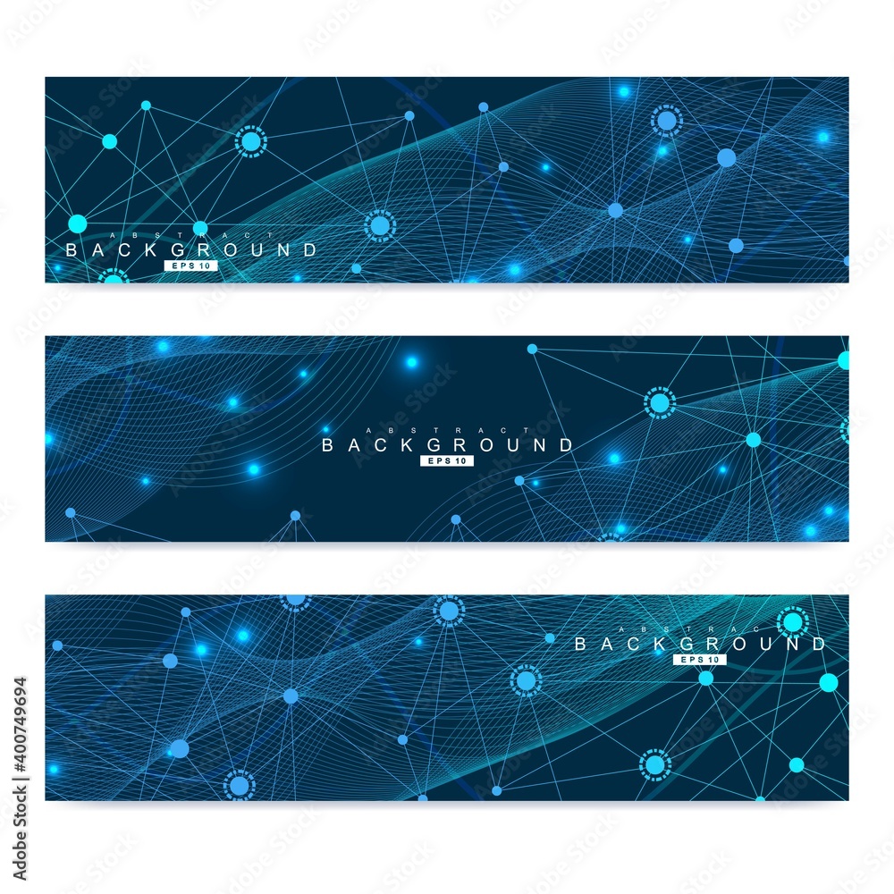 Poster scientific set of modern vector banners. dna molecule structure with connected lines and dots. scien