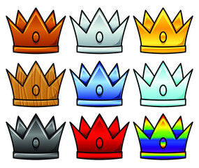 Pack of different colored crowns. Various colors and material options. Isolated vector illustration on white background. Icons for ranking system, achievements and winner announcement badges.