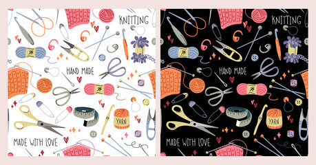 Seamless pattern with knitting accessories and tools. The concept of needlework and crocheting and knitting. Pin, scissors, needle, yarn, hook. Design for print, Wallpaper, fabric, textile, banner