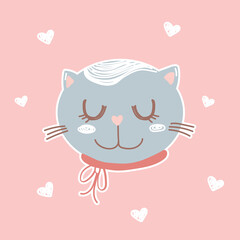 Funny cat face vector icon for valentines day design. Illustration in flat style for greeting card, sticker, poster.