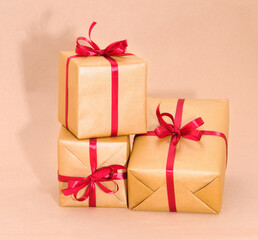 Gift boxs or present wrapped in craft paper.