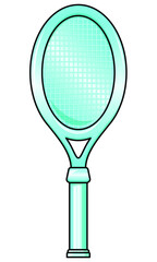Chrystal tennis racket. Cartoon illustration. Diamond or glass material. Trophy award for champion of tournament or competition. Glossy and shiny sports inventory object. Achievement badge for players