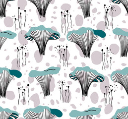 Seamless mushroom background. Hand drawn pattern. Design for printing, Wallpaper, fabric, textiles, banner. Simple style