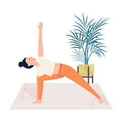 Girl doing yoga. Woman doing asana at home. The concept of a healthy lifestyle, mental health. Vector illustration in flat style. 
