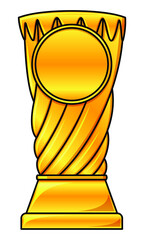 Golden sports reward trophy illustration isolated on white background. Copy space in circle for text or number. Award for championship first place. Shiny gold color.
