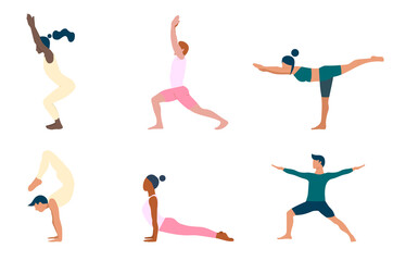 Collection of young people performing yoga asanas. Set of flat cartoon characters demonstrating various yoga positions. Healthy lifestyle. Eps 10.